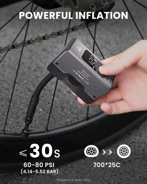 Magicshine AIRRO Mini Bike Pump, Max 120 PSI Electric Bicycle Pump, Auto Stop, with Digital Pressure Gauge with Presta and Schrader Valve for Road, Mountain, City, E-Bike and Ball