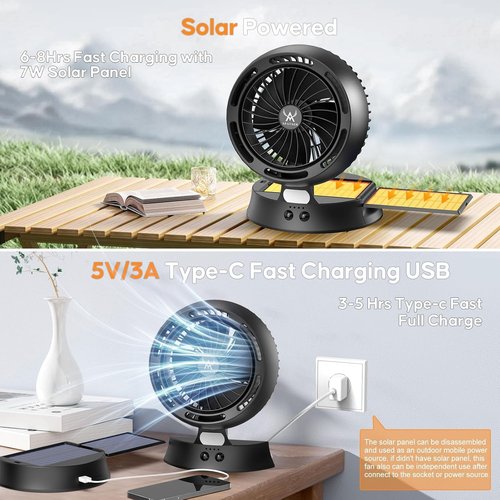 Apatner Rechargeable Solar Fan Outdoor for Camping - 10400mAh Battery Operated Fans Solar Portable Tent Fan for Greenhouse,LED Lantern,4 Speeds with PowerBank for Car,Ship,Carnival