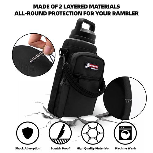 NATURE PIONEOR Water Bottle Carrier with Adjustable Strap - Insulated Sleeve Pouch Water Bottle Holder Bag with Paracord Handle & 2 Storage Pockets for 18/24/25/26/32/36/40/46oz, Hiking, Camping, Gym