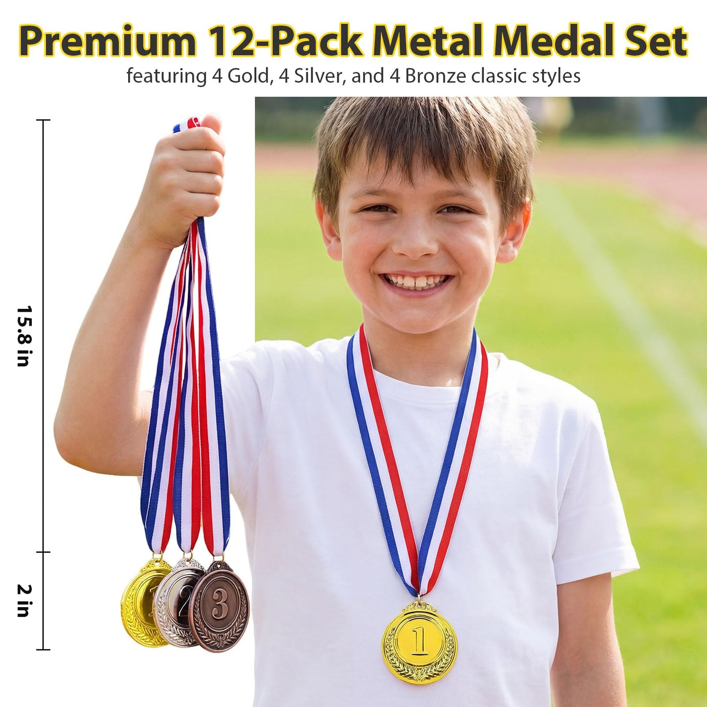 Shindel 12PCS Winner Award Medals, 1st, 2nd, 3rd (Gold, Silver, Bronze) Metal Medals for Sports, Competitions, Party, Spelling Bees, Olympic Style, 2 Inches