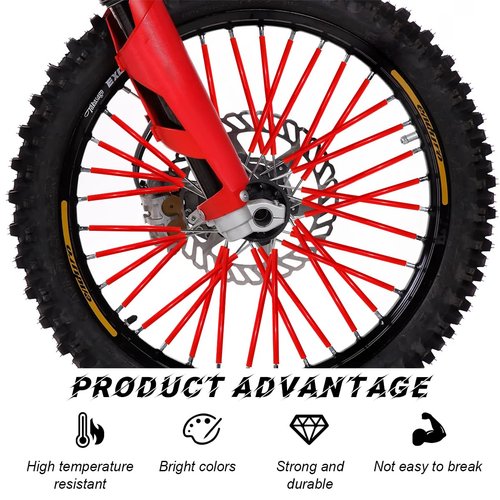 FSTURIOS 72PCS Dirt Bike Spoke Covers, Motorcycle Spoke Skins Wheel Wraps Pipe for 8"-21" Rims, Dustproof Wheelchair Rim Decoration Protector Pipe Trim for Bicycle Dirt Pit Bike (Red)