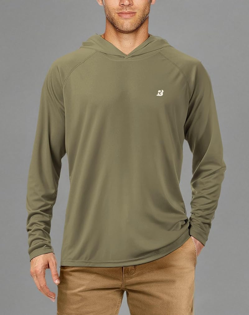 Roadbox UPF 50+ Sun Hoodie for Men, Long Sleeve Fishing Shirt with Hood - Khaki, Medium