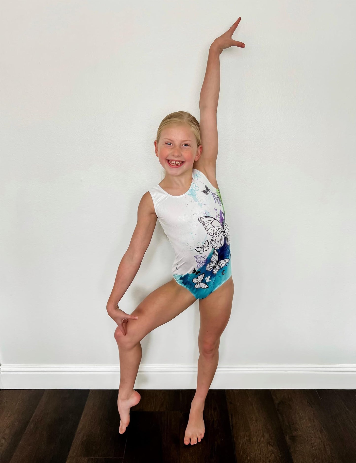 Domusgo Girls Leotards for Gymnastics Size 8-9 Years Old Set with Matching Shorts Glitter Blue Butterfly Tank