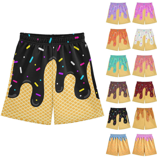 Ice Cream Boys Casual Shorts Athletic Gym Drip Baseball Shorts Elastic Waist with Pockets, Summer Sports Outdoor Home Wear Black 11-12 Years