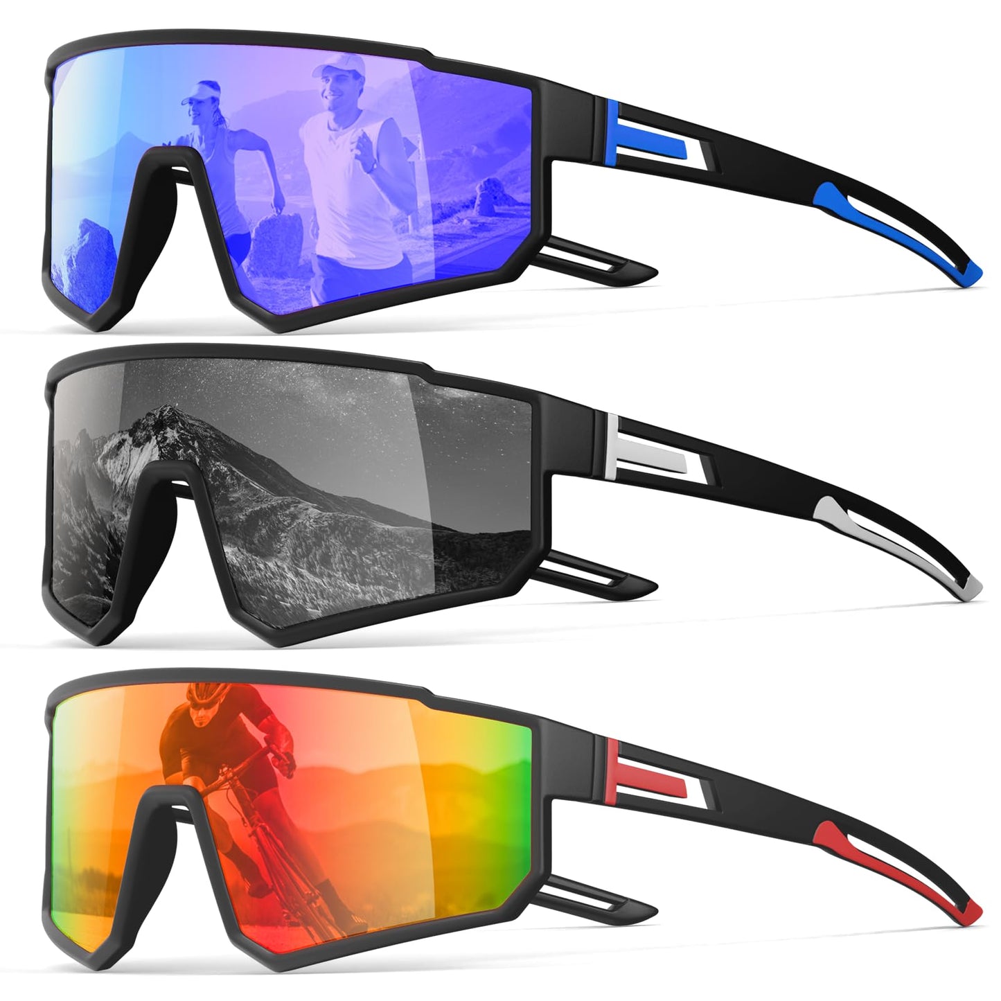 IKTOD 3 Pack Polarized Running Sunglasses for Women Mens Sunglasses UV Protection for Cycling Baseball Fishing (3 Pack-Blue Black/Black Gray/Red Black-W02)