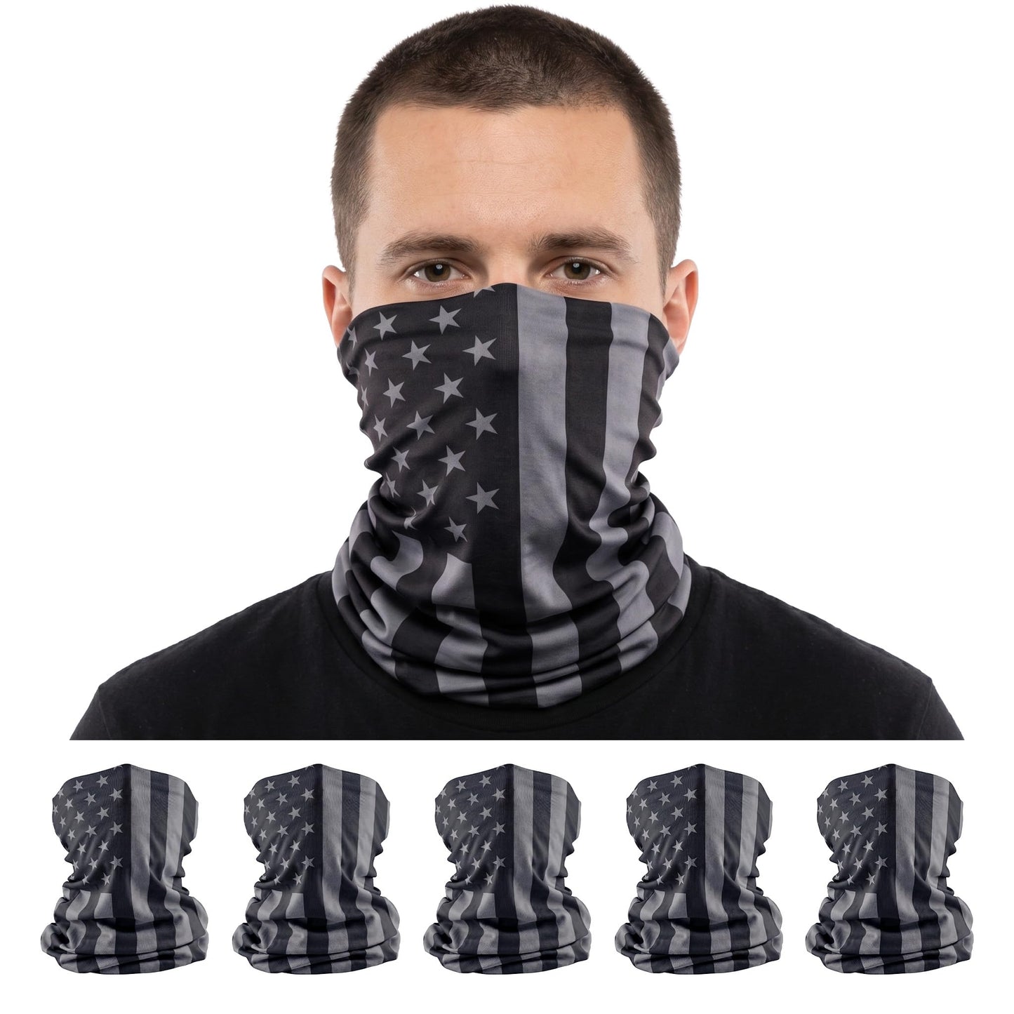S A Company 5 Pack UV Face Shield Multipurpose Protector Neck Gaiter Elastic Face Mask Patriotic Design for Men, Blackout American Flag