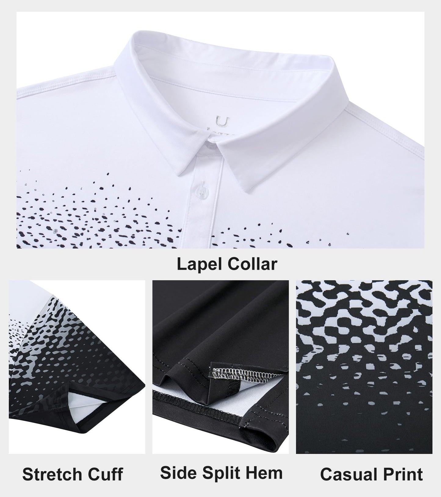 uideazone Mens Golf Shirts Short Sleeve 3D Print Athletic Polo Shirts White Black Dry Fit Performance Moisture Wicking Collar Tops