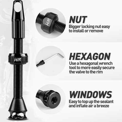 HAKULA MATATA Tubeless Presta Valve Stem 48 mm, Super Light Alloy Tubeless Tire Valve Stems with Caps Integrated Core Removal Tool, Fits Most MTB Mountain Bikes Rims, Pair, Black