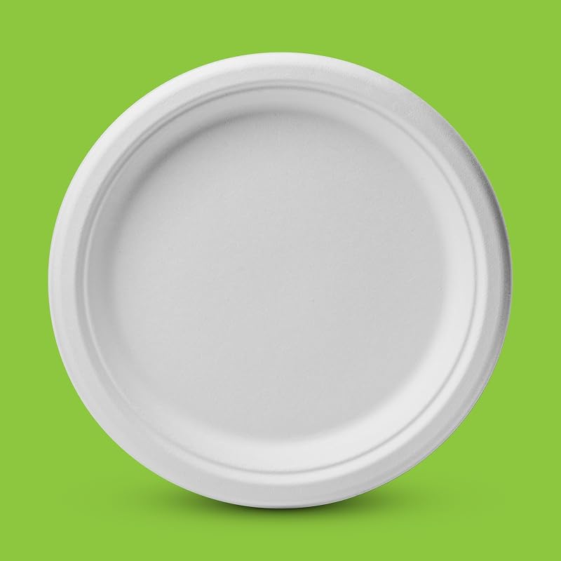100% Compostable 150 Count 10-Inch Heavy Duty Paper Plates — White, Bagasse, Microwave Safe
