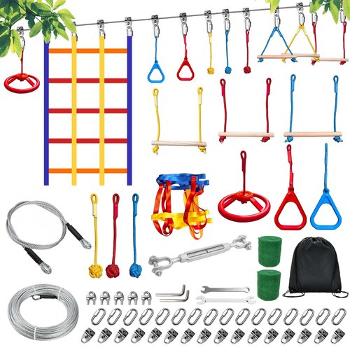 SZHTMZXC 50FT Ninja Warrior Obstacle Course for Kids Backyard Outdoor, 10 Ninja Accessories Play Set Equipment, Stainless Steel Main Rope 500lbs, Monkey Bars, Ninja Wheel, Climbing Net (50FT 10Pcs)
