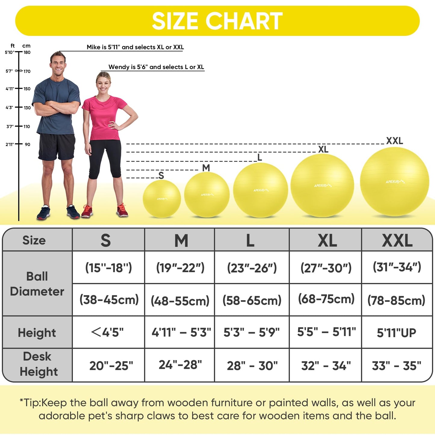 APEXUP Yoga Ball, 660 lbs Anti-Burst Exercise Ball with Pump, 5 Sizes
