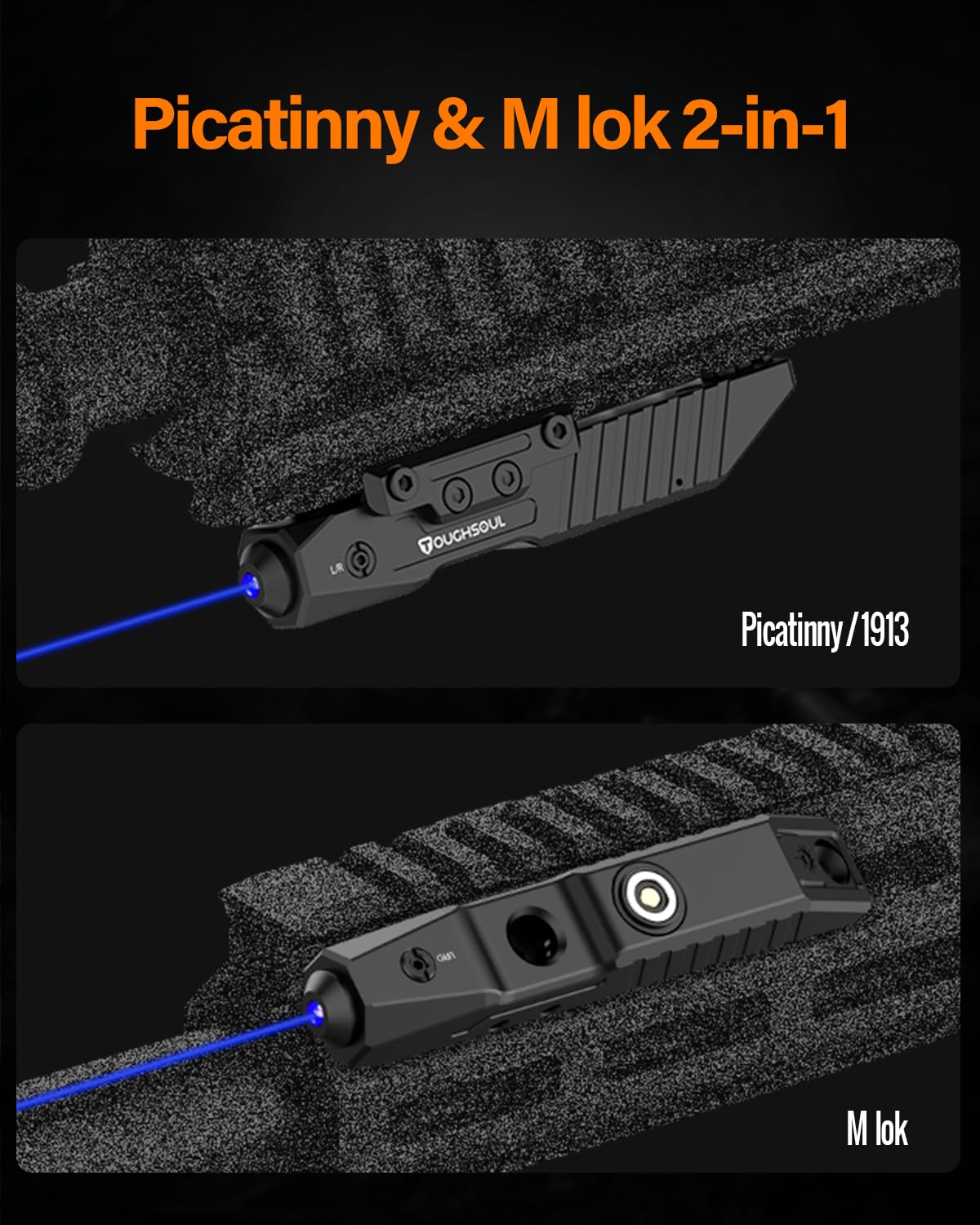 TOUGHSOUL Rifle Green Blue Red Laser Sight Compatible with M-Lok Picatinny Rail, Rechargeable Low-Profile Tactical Rifle Laser Sight with Strobe Function