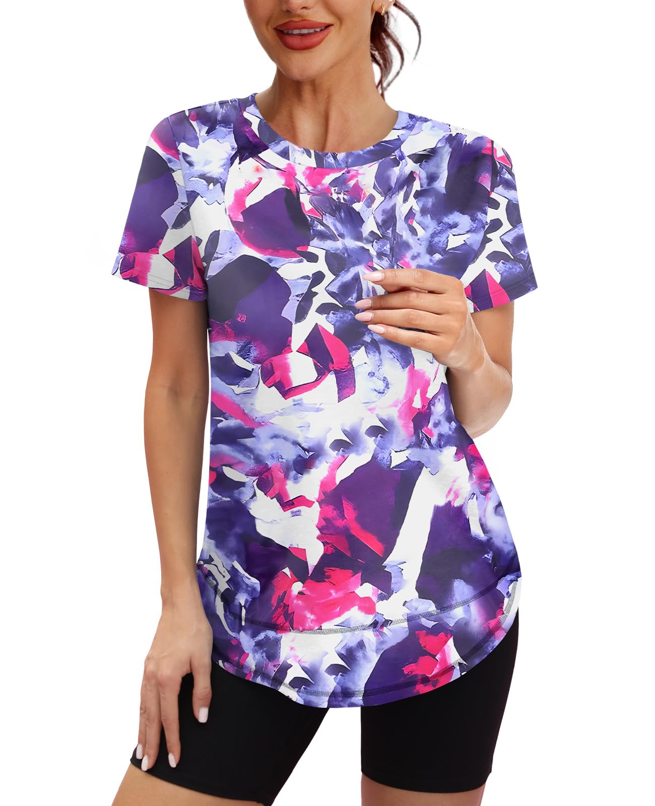 Short Sleeve Shirts for Women Workout Yoga Tops Sun Protection Clothing Summer Outfits Rash Guard Side Slit Blue XL