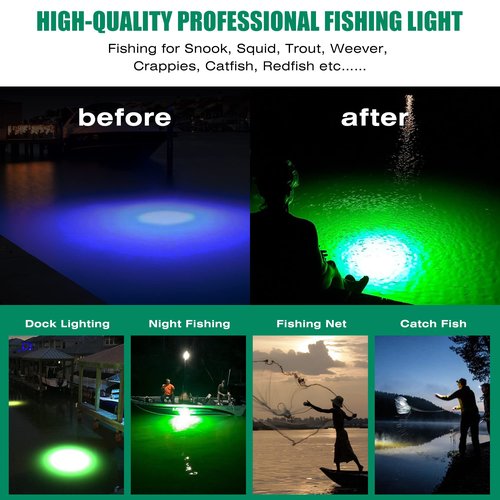HUSUKU FS0-2 LED Green Underwater Fishing Light, 12V & 110V 16inch 200W 20,000LM 16.4FT Cord Night Fishing Finder, Glowing Fish Attractor, IP68 Submersible Boat Lamp for Snook Crappie Squid Shrimp