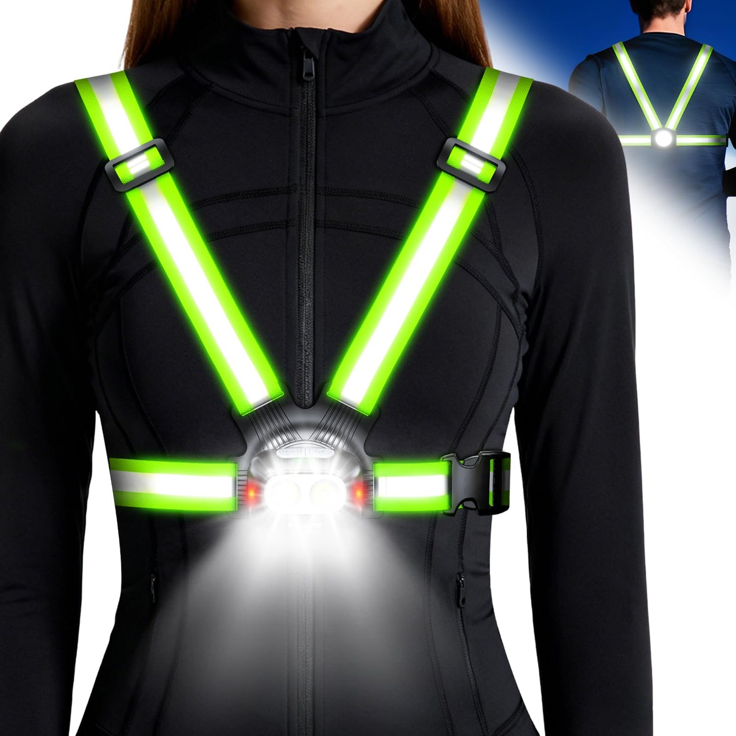 Niweya Running Lights for Runners, 500LM 1800mAh Rechargeable Running Light with 7 Modes & 45° Adjustable Beam, IPX4 Waterproof 360° Light up Gear, Reflective Vest for Night Walking/Jogging/Hiking