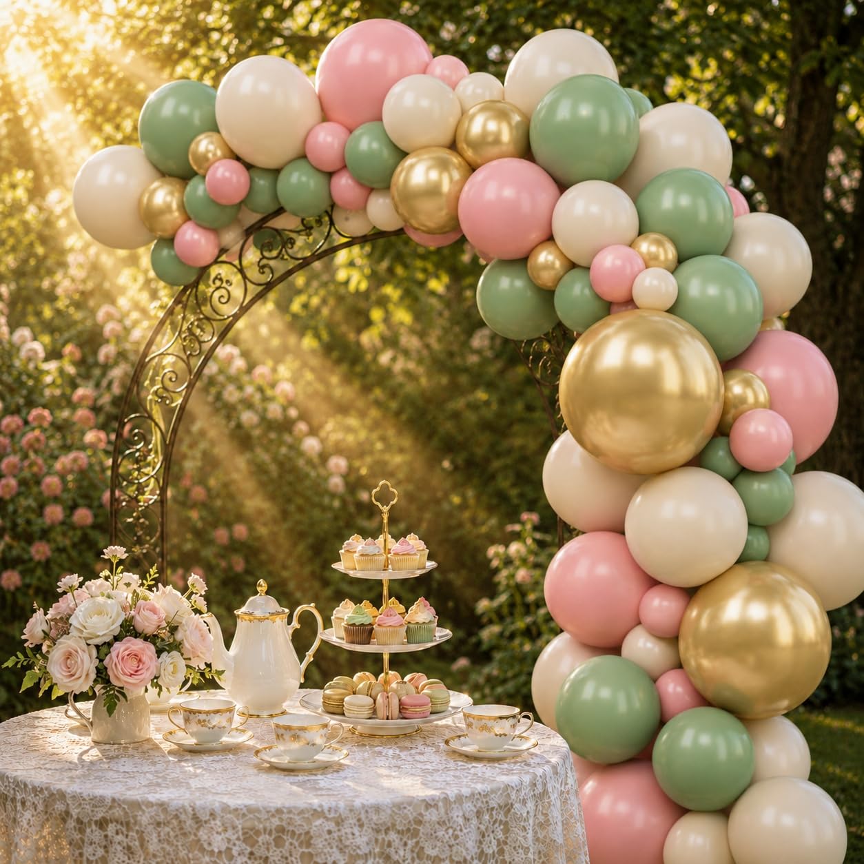 Sage Green Pink Balloon, 60 Packs 12 Inch Olive Green Pink Balloon with Sand White Metallic Gold Balloons for Floral Fairy Wildflower Baby Shower Birthday Woodland Garden Tea Party Party Decorations