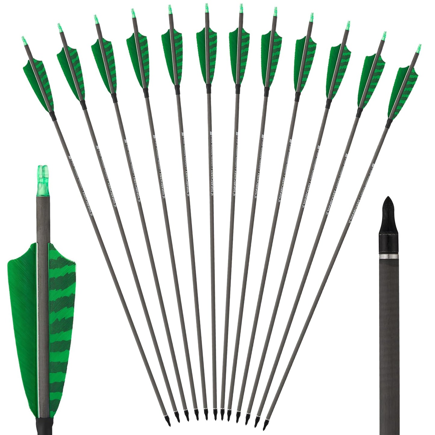 TOPARCHERY Premium 31" Carbon Hunting Arrows with Selected 4" Real Turkey Feathers Fletching and Removable Tips - 400 Spine Practice Target Arrows for Compound & Recurve Bow - 12Pcs (Green&Black)