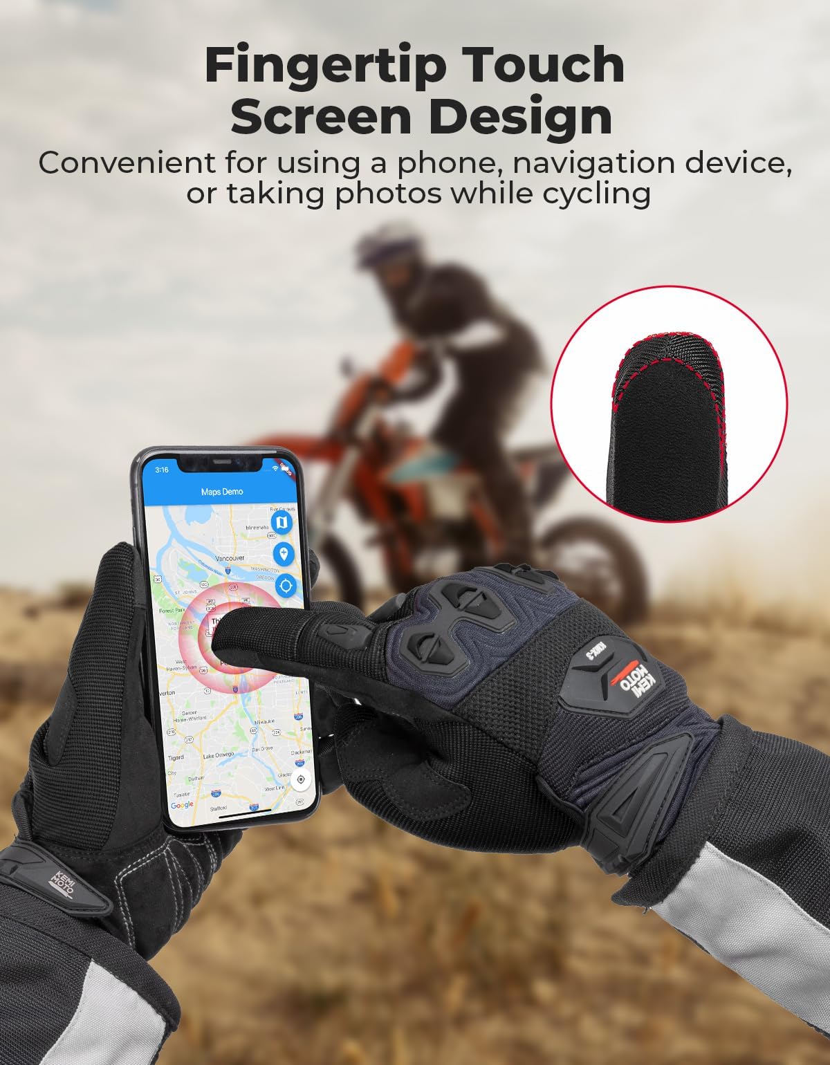 KEMIMOTO Dirt Bike Motorcycle Gloves for Men Women, Touchscreen with Silicone Protective for Outdoor Sports On-Road Off-Road Gloves Motorcross Motorbike Mountain Bicycle Racing ATV UTV