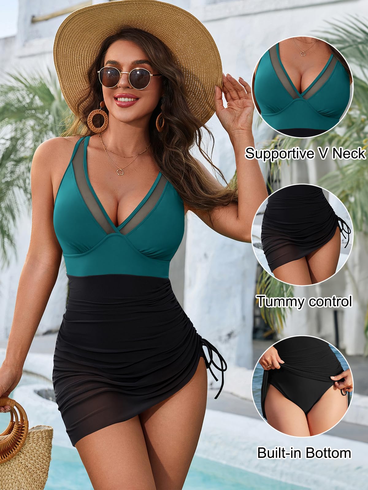 Blooming Jelly Women One Piece Swimsuits Tummy Control Swim Dress Slimming Modest Sexy Bathing Suit Sarong Wraps Drawstring Swim Suits 2025 (L, Blue Green/Black)