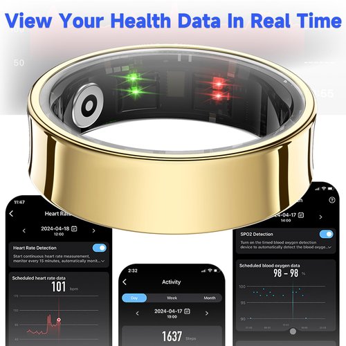 Smart Ring Health Tracker, Activity Tracker for Women & Men, No Subscription Required, Sleep & Heart Rate Monitor, Multi-Sport Modes, Compatible with iOS & Android (Gold, 10)