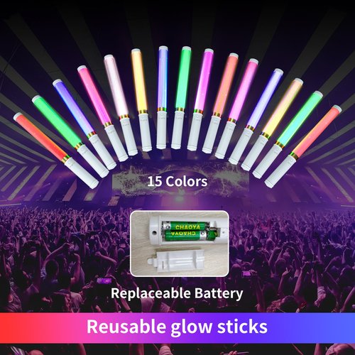Bsgifts LED Glow Sticks 2 Pack, Reusable Light Up Toys 15 Colors Light Stick Bulk, Glow Party Supplies for Wedding, Birthday, Raves, Concert, Camping, New Year, Halloween, Christmas (with AAA Battery)