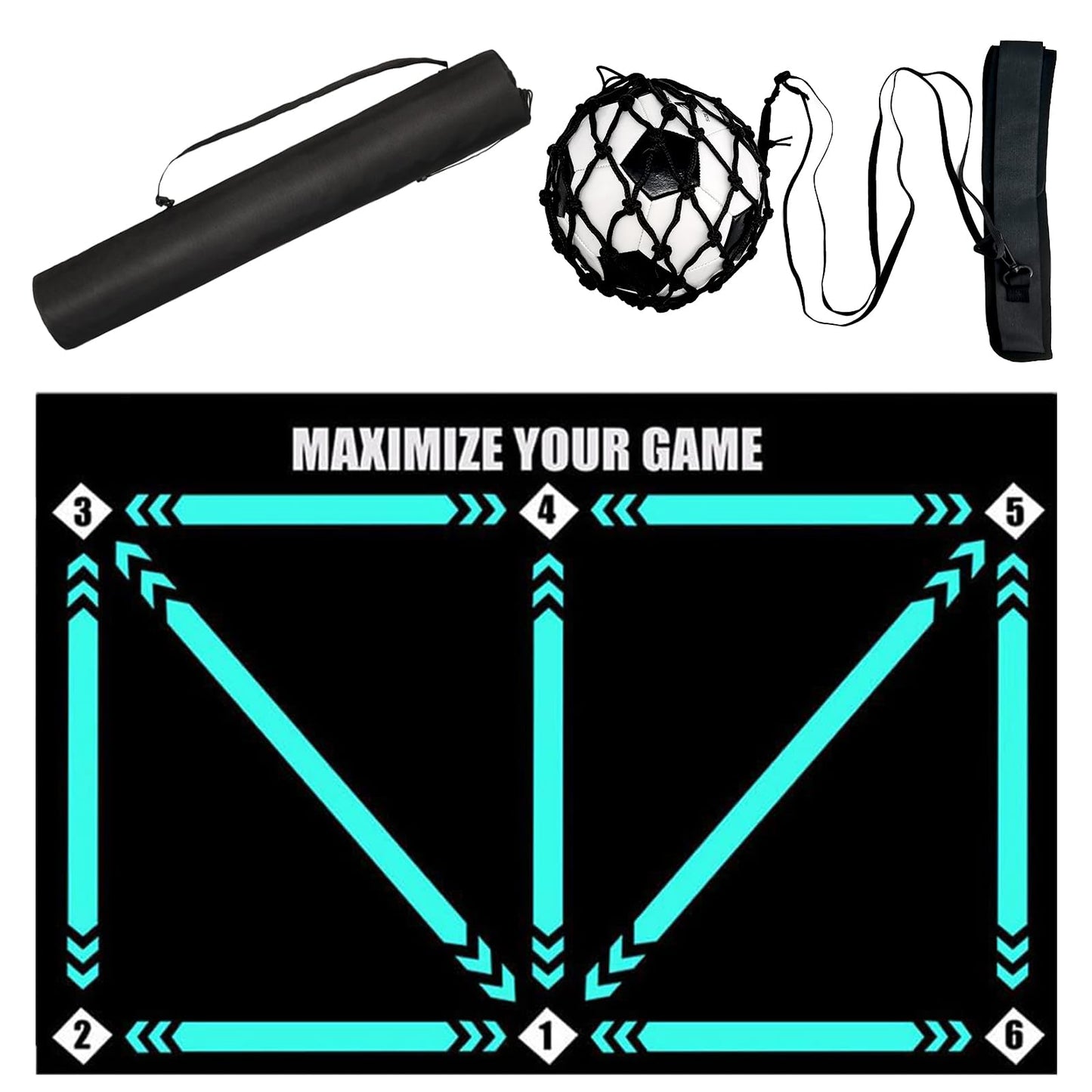 ECENUR Football Footstep Training Mat, Soccer Training Mat 35 * 24IN, Soccer Skills Training Equipment with Storage Bag and Soccer Return Trainer Net (Black-Blue)