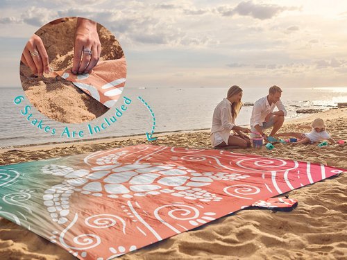 WEKAPO Beach Blanket Waterproof Sandproof Oversized Extra Large Sand Free Beach Mat with Stakes, Storage Bag - Essentials for Outdoor Beach, Picnic (Sea Turtle, 11 X 9 FT (1~10 Person))