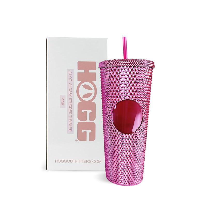 Hogg 24 oz Studded Tumbler with Lid and Straw - Glossy Pink, Glitter Rhinestone Cup