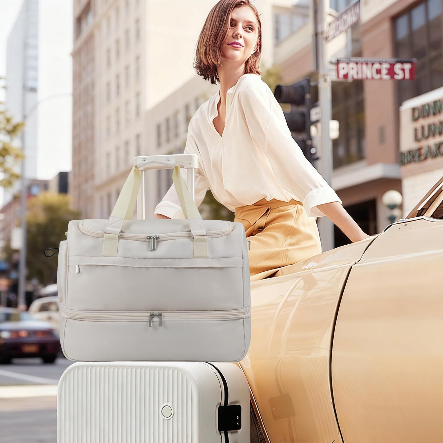 Carry On Travel Duffel Bag for Women & Men,Overnight Weekender Bag with Shoe Compartment,Trolley Sleeve and Adjustable Shoulder Strap,Business & Weekend Travel,Gym,Sports,Yoga & Dance(Ivory)