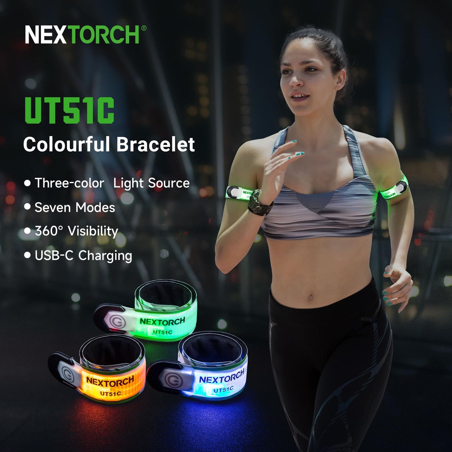 NEXTORCH LED Slap Armband Lights Rechargeable Night Safety Running Wristband Lights, Reflective Straps LED Blue Orange Green Flasing Glow Bracelet for Runners Bicycling Night Pet Walking (1 Pack)