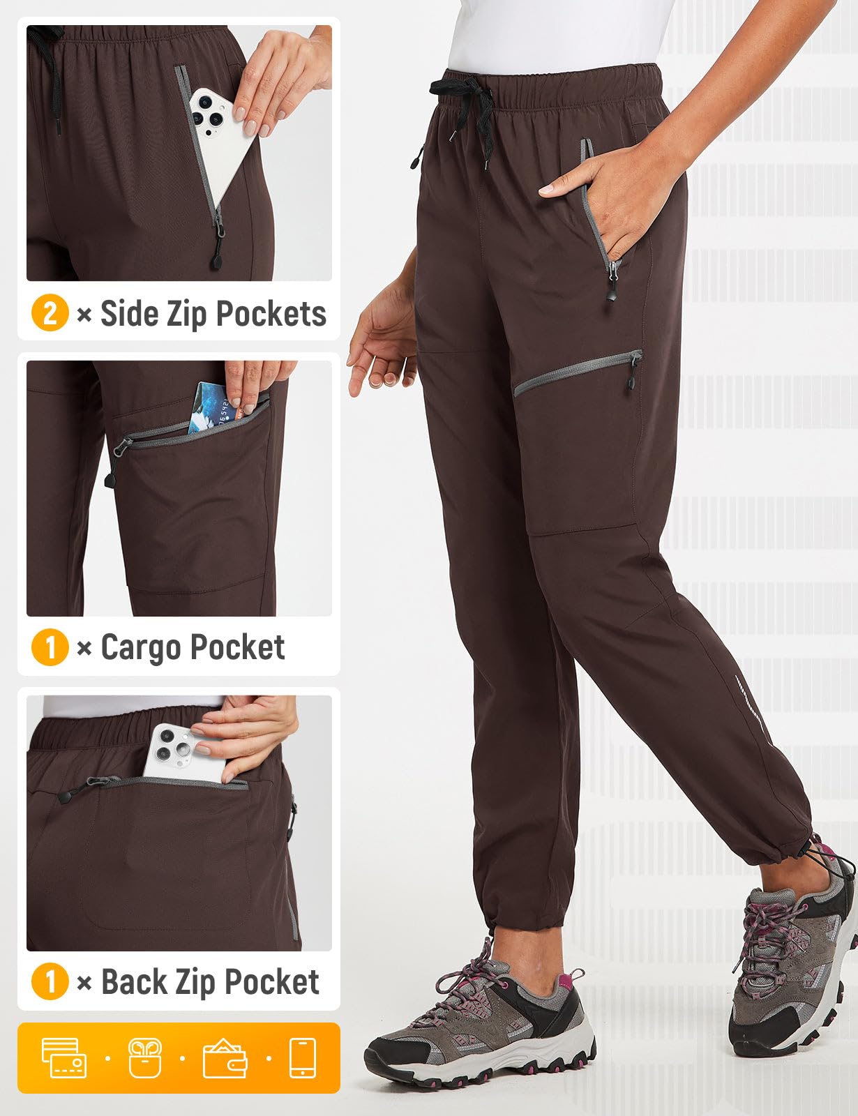 baleaf Cargo Pants for Women Petite Joggers Lightweight Quick Dry Pant Water Resistant 27'' Travel Workout Athletic Trip 27''-Trip Brown XL