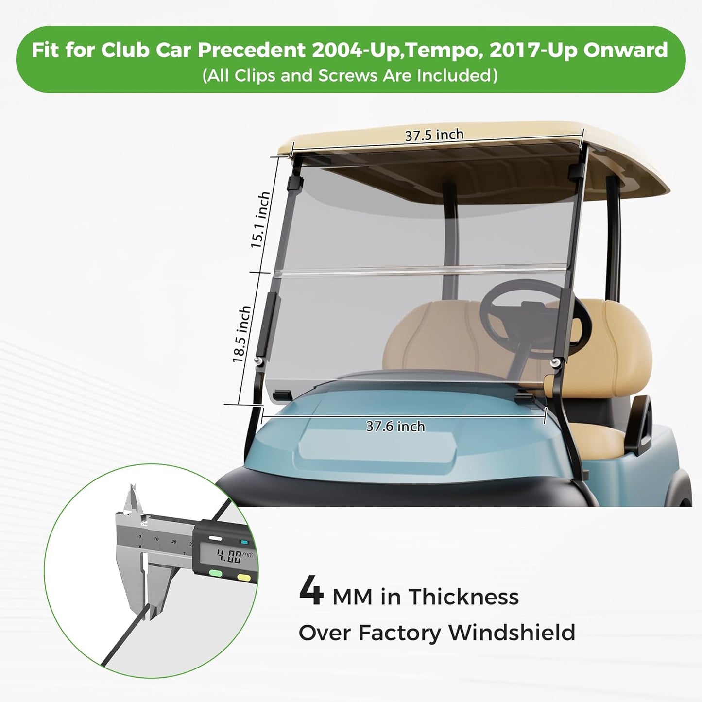 10L0L Golf Cart Windshield for Club Car Precedent 2004-Up, Tempo, 2017-Up Onward, Clear/Tinted Fold Down Club Car Windshield Anti-UV Impact Resistant - 37.5"W X 33.6"H