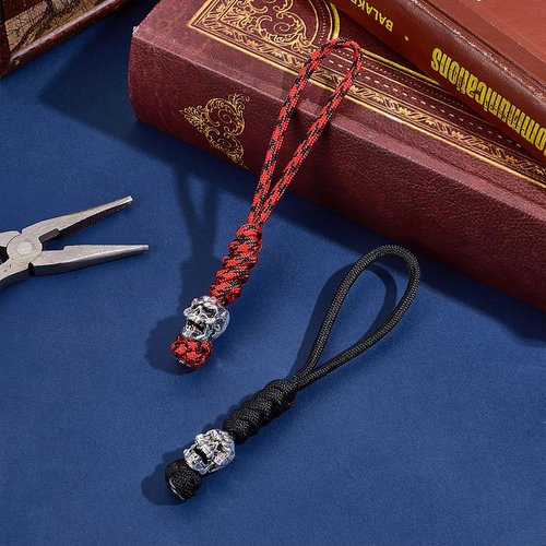 HOBBIESAY 2PCS EDC Knife Parachute Lanyards Tactical Knife Paracord Ropes Skull Parachute Lanyards Paracord Pocket Knives Lanyard Red and Black Braid Parachutes Lanyard for Knives Attachment Gadget