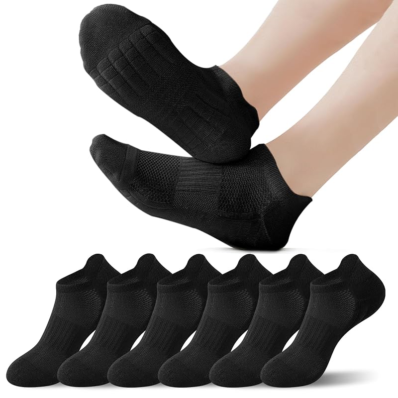 Ferriya 6 Pairs Breathable Mesh Ankle Socks with Arch Support - Black, Medium