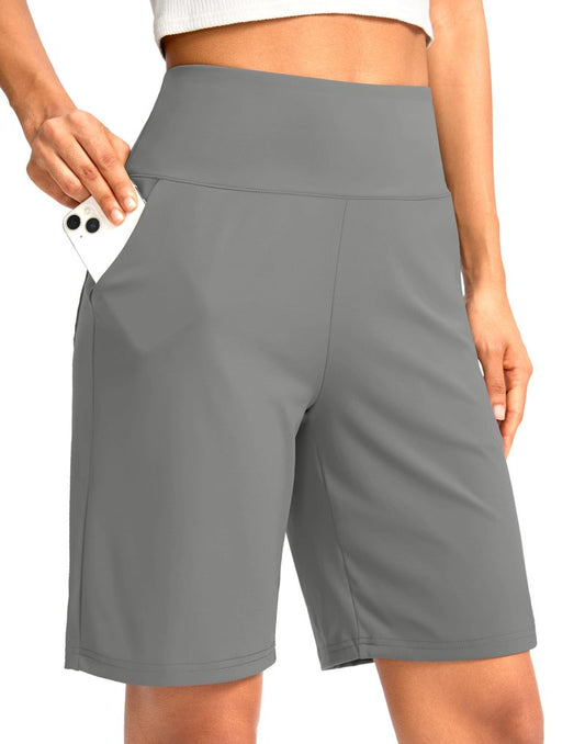 G Gradual Women's Bermuda Long Shorts with Pockets 9" High Waisted Knee Length Shorts for Women Walking Athletic Workout(Light Grey,S)