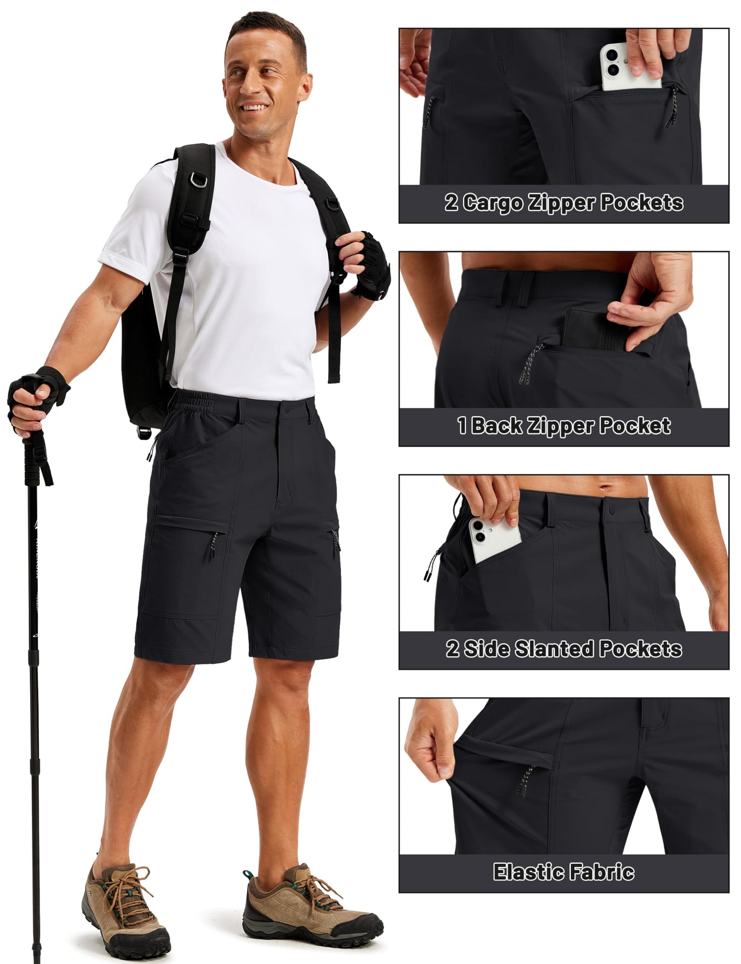 TACVASEN Men's Hiking Cargo Shorts Quick Dry Lightweight Shorts with Zipper Pockets for Casual Golf Travel Work Black 38