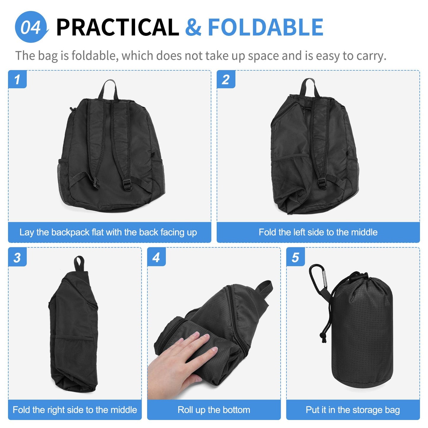 SUIKIHUM Hiking Backpack, 20L Packable Daypack for Men Women, Nylon with Adjustable Straps, Lightweight Waterproof Outdoor Camping Travel, Black