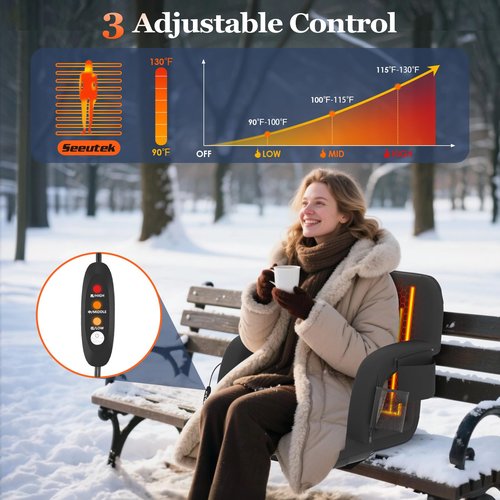 Seeutek Heated Stadium Seats with Back Support and Wide Cushions for Bleachers, Portable Bleacher Chairs with Backrest, USB 3 Levels and 5 Pockets Foldable Stadium Chairs, 1PC 25Inch
