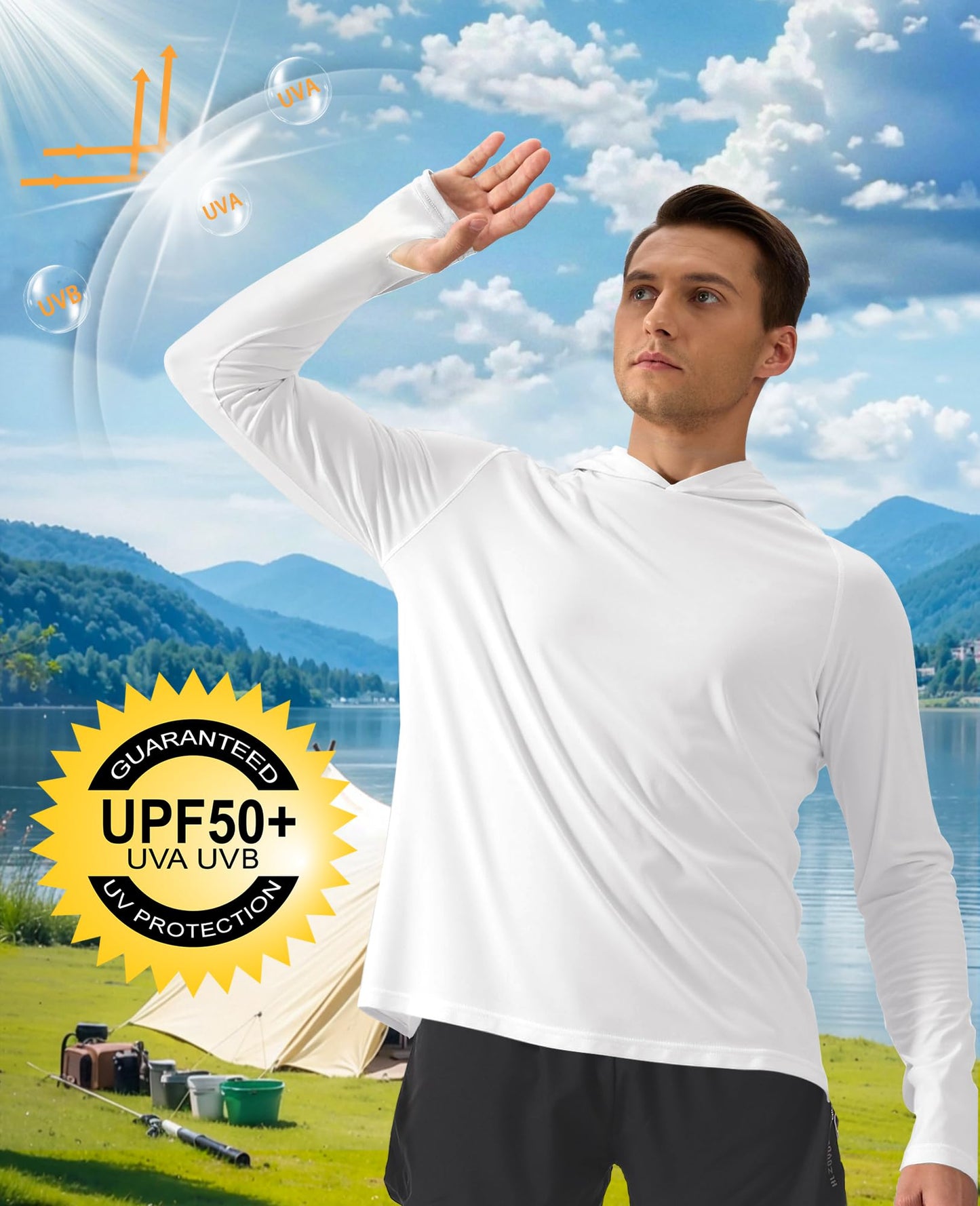 PLUMZJOY UPF 50+ Fishing Shirts for Men Long Sleeve Sun Protection Hoodie Shirt Lightweight Outdoor UV Hiking Shirts White M