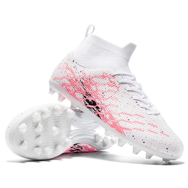 Unisex Soccer Cleats Lightweight No-Tie Lacing System - Pink/White 8.5 Women / 7 Men - Multi-Surface Football Shoes with Ankle Support