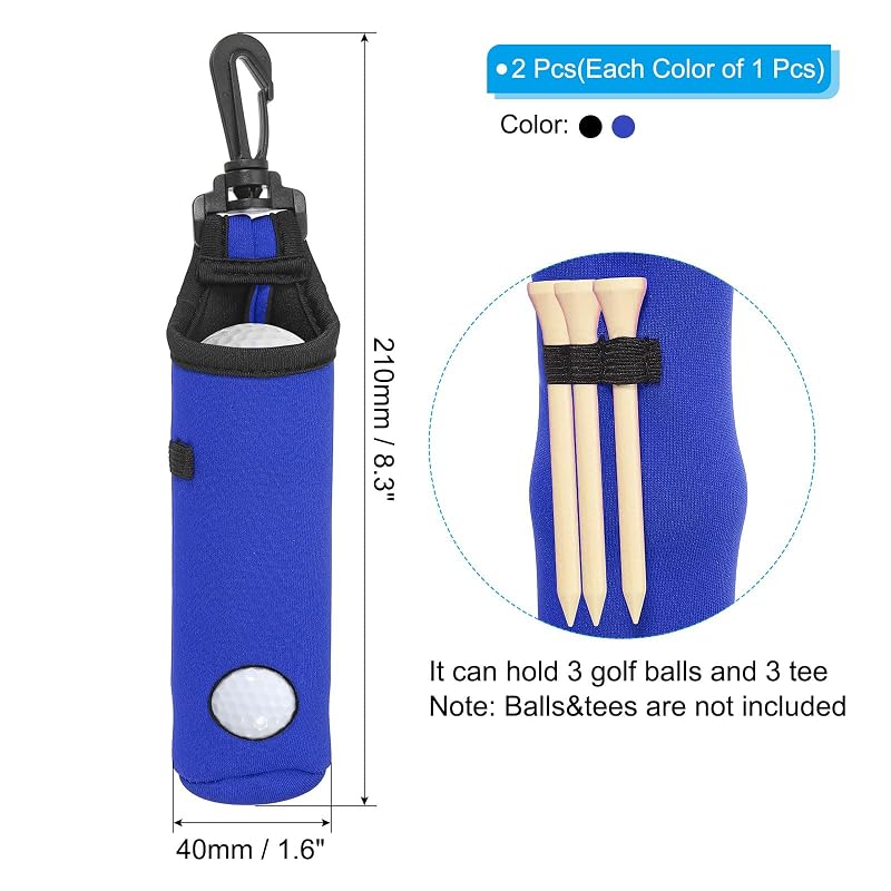 PATIKIL Golf Ball Carry Bag Pouch with Clip – Neoprene Ball & Tee Holder, 3 Balls/3 Tees, Black or Blue