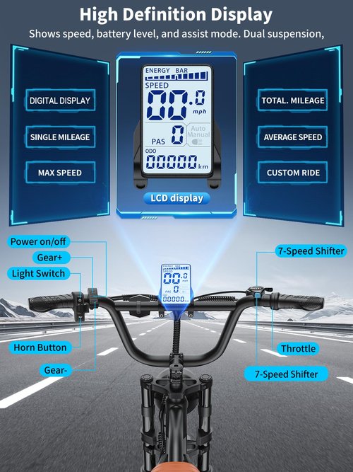 Electric Bike for Adults, 48V 18.2AH Electric Motorcycle Long Seat Electric Bicycle Full Suspension 20" Fat Tire Ebike Max 28MPH& 30-60 Miles All Terrain E-Bike for Mountains, Sand, Road (48V 750W)