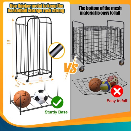 OJLUOJ Basketball Storage Rack Metal Ball Holder with Wheels, Elastic Rope Sports Equipment Organizer for Garage, Room, Home, Gym and School Rolling Sports Ball Storage Cart