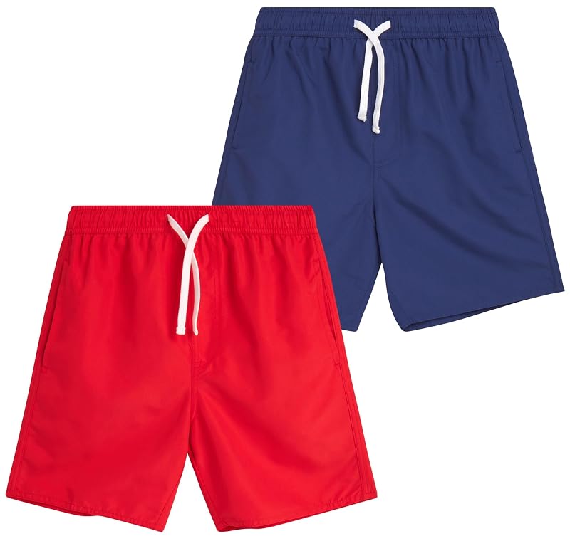 Quad Seven Boys Swim Trunks 2 Pack Navy/Red - Quick Dry Board Shorts with Pockets (Sizes 8-18)