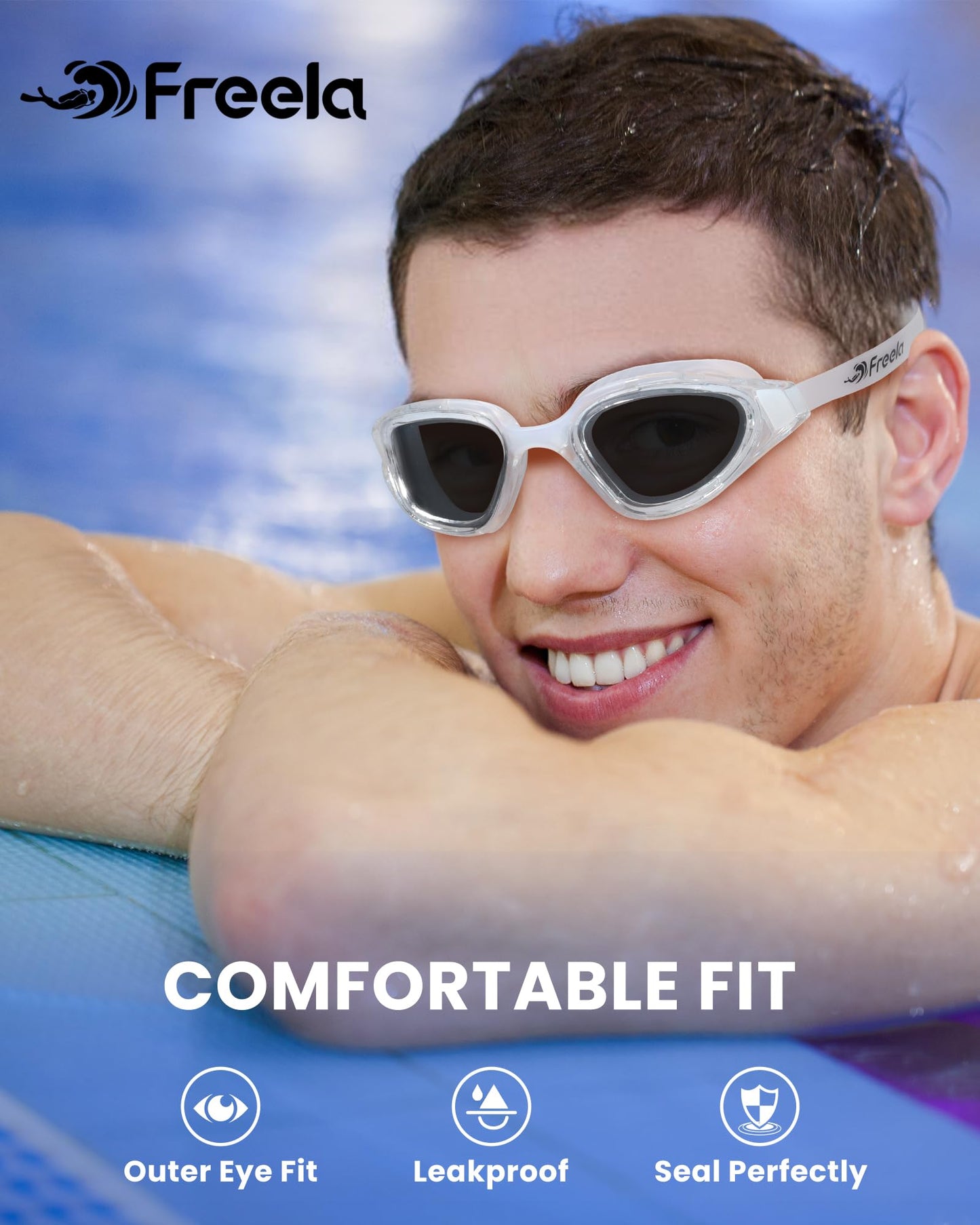 Freela Polarized Swimming Swim Goggles for Men Women Adult, Underwater Pool Beach Goggles 180° Clear Wide View Anti Fog UV Protection, Youth Sports Glasses No Leaking Gray Lens with Nose Piece