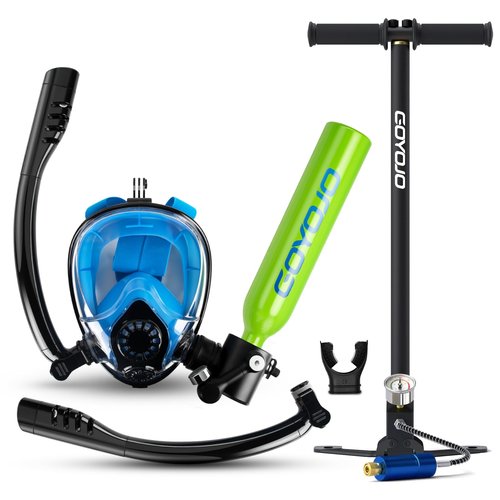 GOYOJO 0.5L Scuba Tank & Full-Face Snorkel Mask Combo – Dual-Use Snorkeling & Shallow Dive Kit with Manual Pump (DOT-Certified, 3000PSI, 5-8 Min Underwater Breathing) (Green)