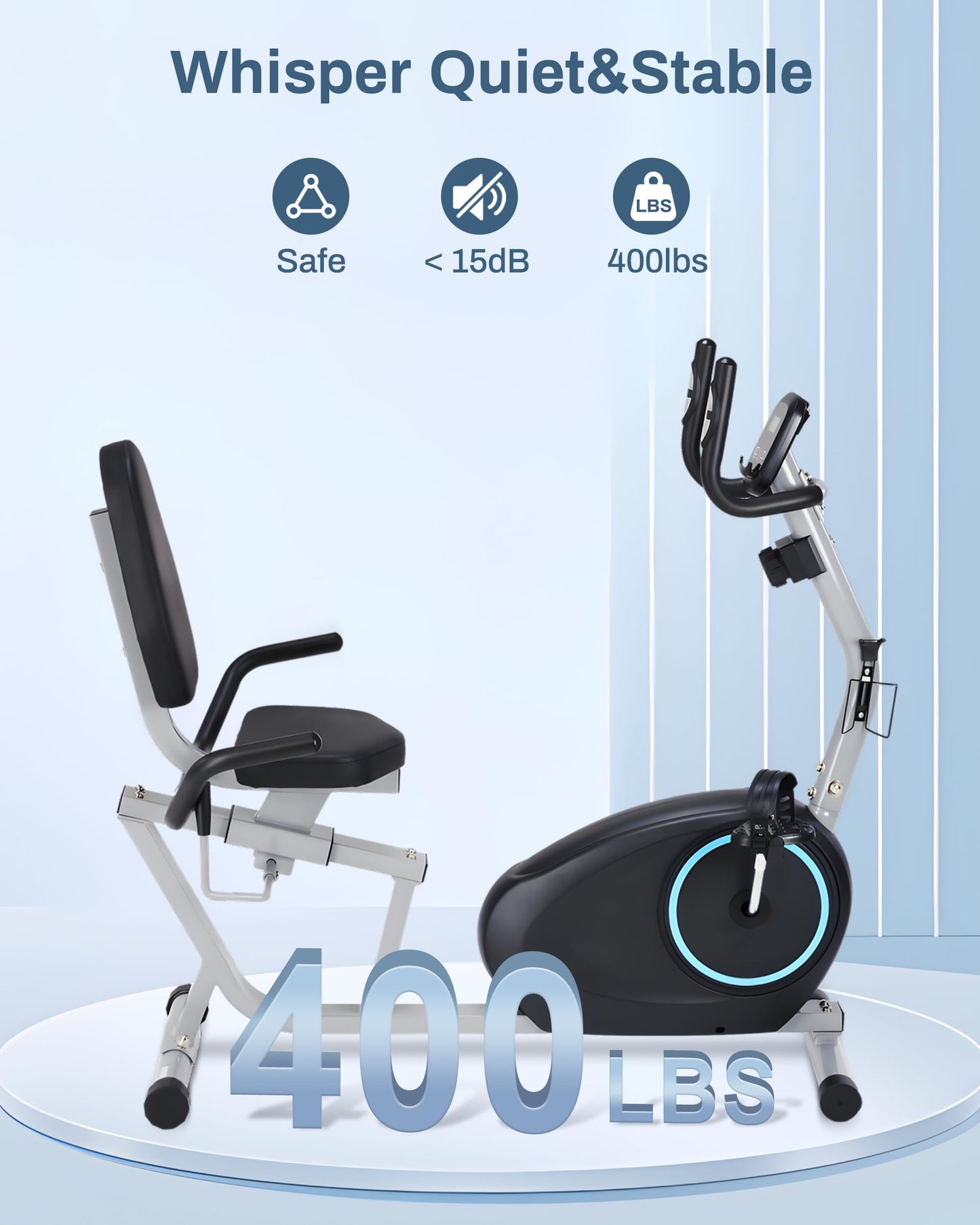 Kawnina Recumbent Exercise Bike for Seniors - Quick Adjust Seat, Magnetic Recumbent Bike with Quiet 16-Level Resistance, 400LB Weight Capacity, Backlit LCD Monitor, Heart Rate Handle