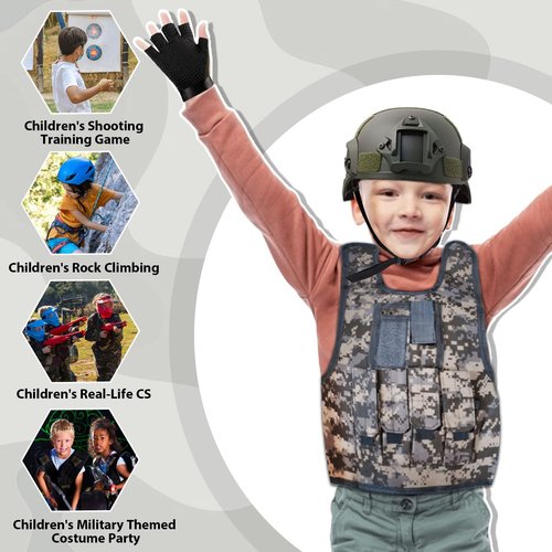 4PCS Kids Tactical Vest Set with Helmet, Gloves, Mask for Paintball & Airsoft - Adjustable Straps, Reinforced Nylon Tactical Gear, Camouflage Green