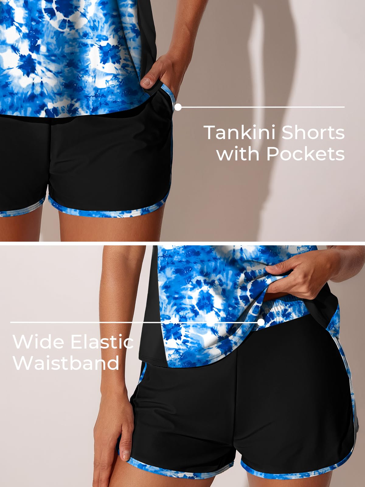 Summer Mae Blouson Tankini Swimsuits for Women 2026 Tummy Control Two Piece Bathing Suits with Sporty Pockets Swim Shorts Blue Tie-Dye Size 6