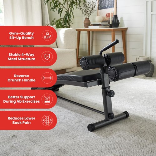 Finer Form Sit Up Bench with Reverse Crunch Handle for Ab Bench Exercises - Abdominal Exercise Equipment with 3 Adjustable Height Settings (Black)